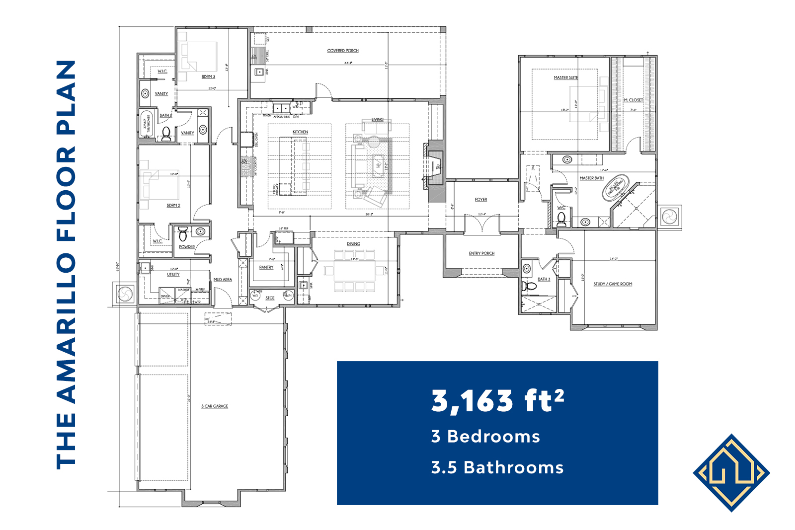 3 Bedroom 3.5 Bathroom Floor Plan with dimensions